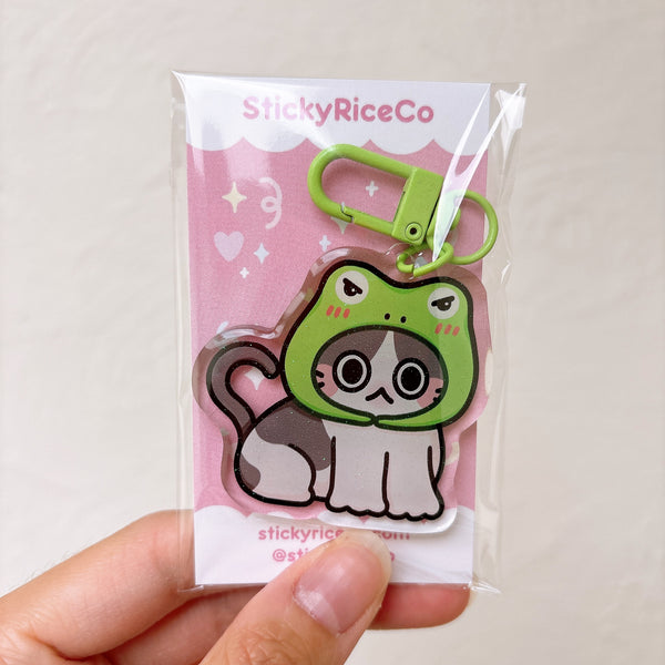 Angry Frog Hat Cat Meme Glitter Keychain