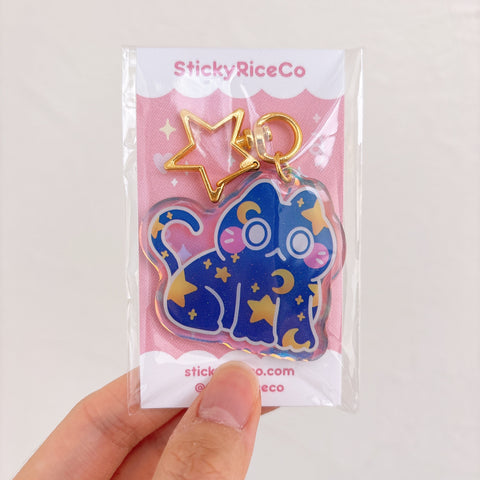 Starry Cat Holographic Glitter Keychain