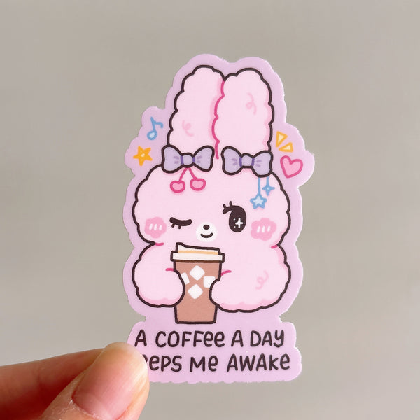 A Coffee a Day Keeps Me Awake Fluffy Bunny Heavy Duty Waterproof Vinyl Diecut Sticker