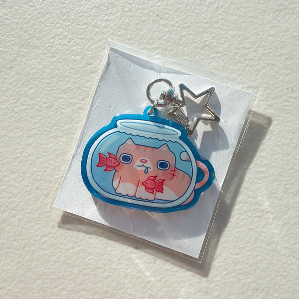 Fishbowl Orange Cat Translucent Blue Glitter Keychain