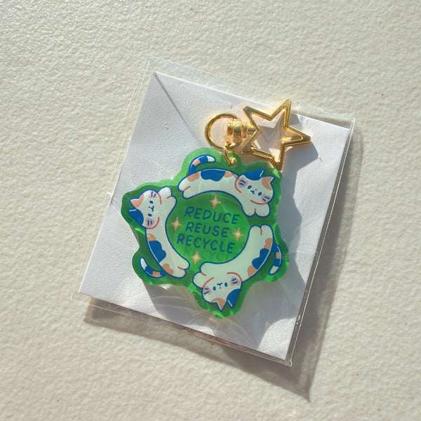Reduce Reuse Recycle Calico Cats Translucent Green Glitter Keychain