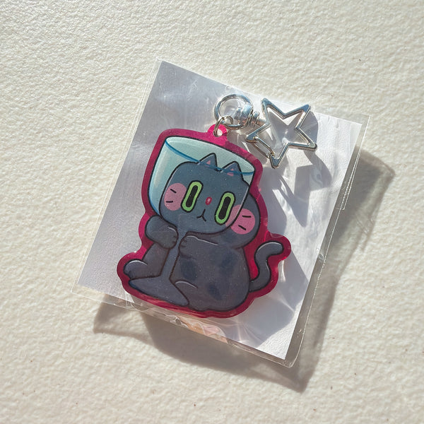 Wine Glass Black Cat Translucent Magenta Glitter Keychain