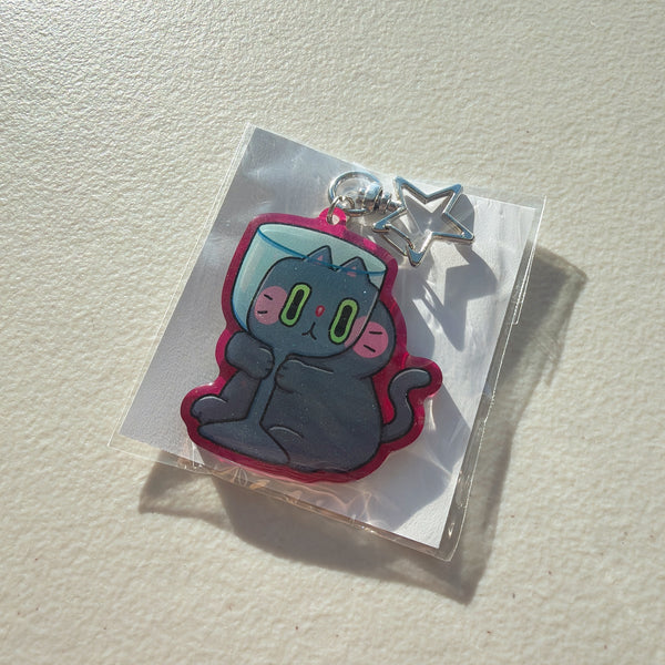 Wine Glass Black Cat Translucent Magenta Glitter Keychain