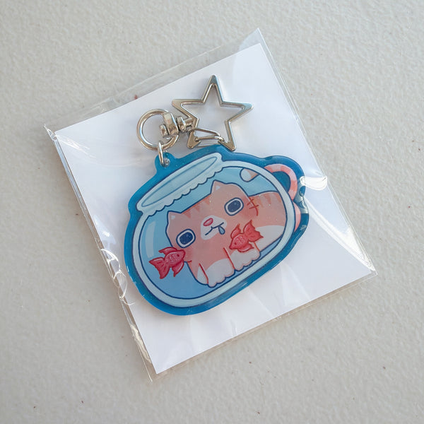 Fishbowl Orange Cat Translucent Blue Glitter Keychain