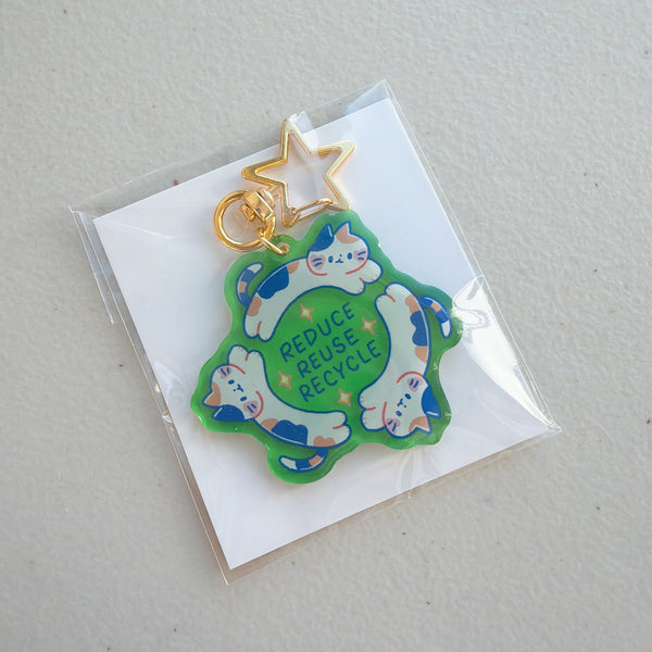 Reduce Reuse Recycle Calico Cats Translucent Green Glitter Keychain