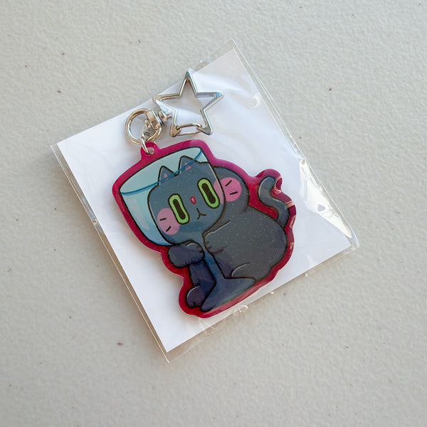 Wine Glass Black Cat Translucent Magenta Glitter Keychain