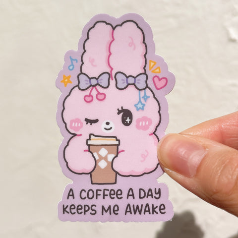 A Coffee a Day Keeps Me Awake Fluffy Bunny Heavy Duty Waterproof Vinyl Diecut Sticker