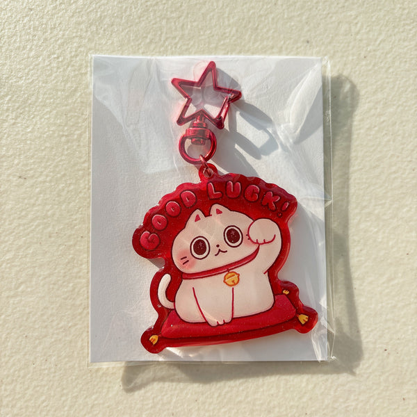 Good Luck Fortune Cat Translucent Red Glitter Keychain