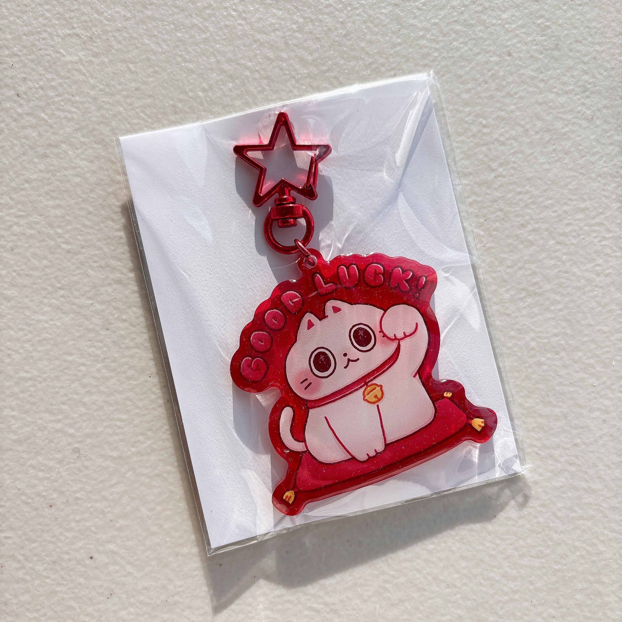 Good Luck Fortune Cat Translucent Red Glitter Keychain