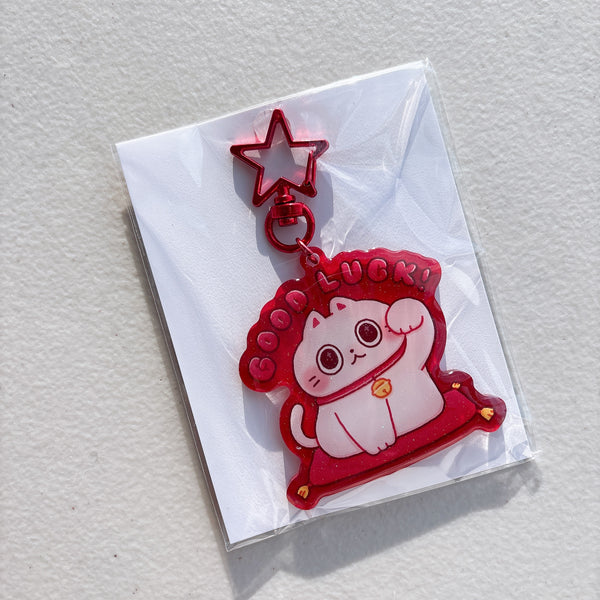 Good Luck Fortune Cat Translucent Red Glitter Keychain