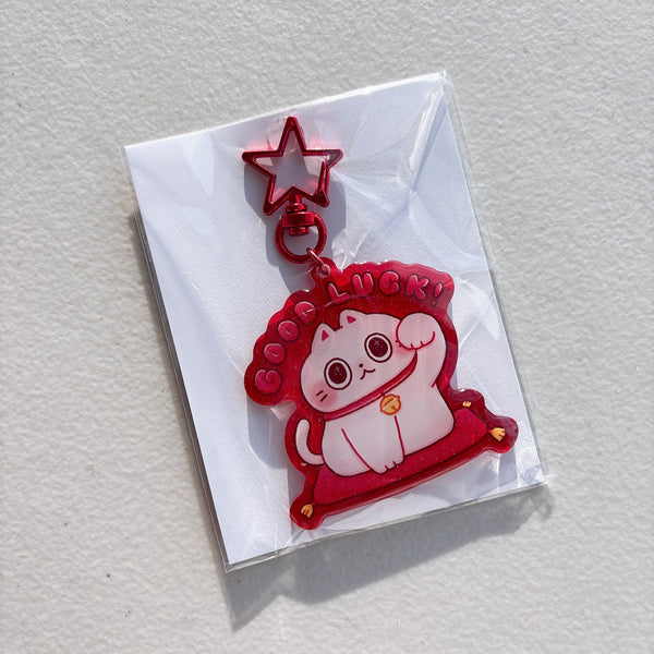 Good Luck Fortune Cat Translucent Red Glitter Keychain