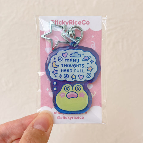 Many Thoughts Head Full Matcha the Frog Translucent Blue Glitter Keychain