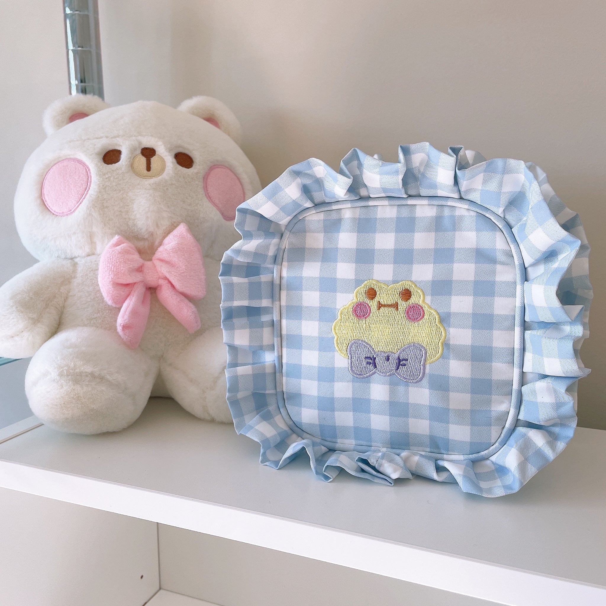 Pastel Gingham Ruffle Embroidered Pouches