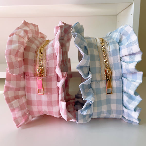 Pastel Gingham Ruffle Embroidered Pouches