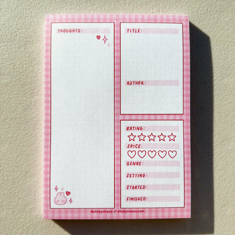Pink Gingham Bunny Cute Book Review Notepads