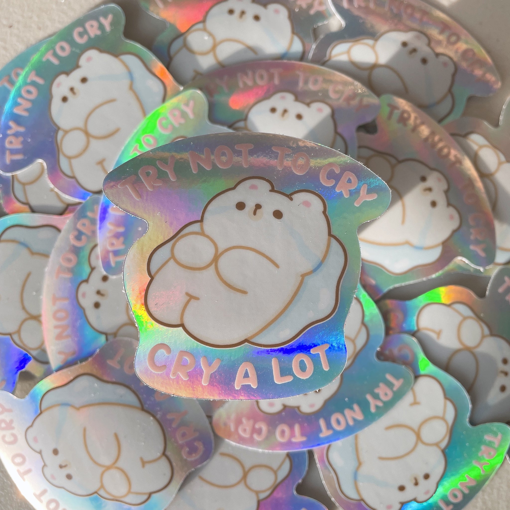 Try Not to Cry Rice the Bear Heavy Duty Holographic Waterproof Vinyl Diecut Sticker
