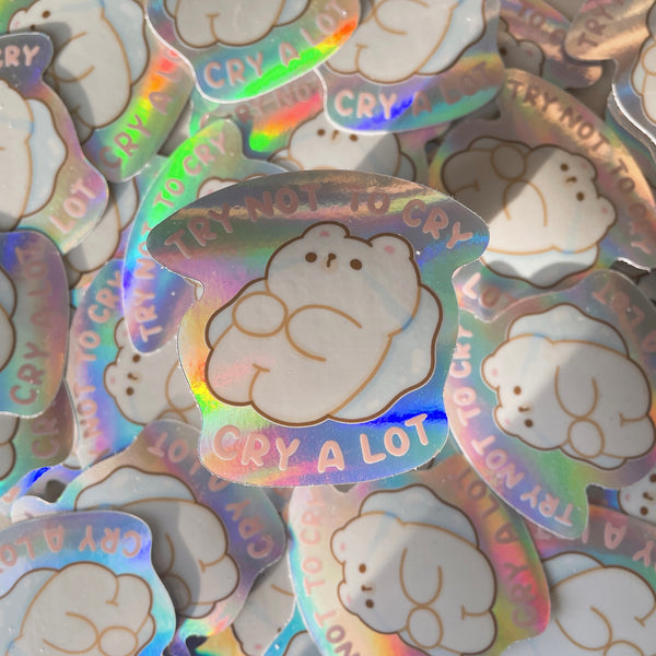Try Not to Cry Rice the Bear Heavy Duty Holographic Waterproof Vinyl Diecut Sticker