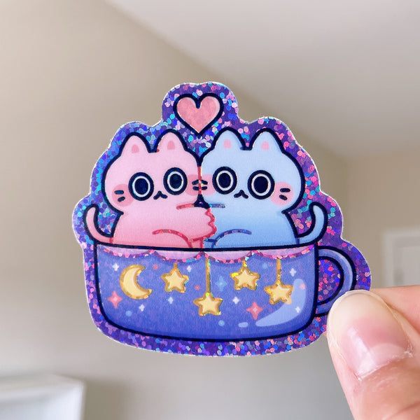Cats in a Mug Heavy Duty Waterproof Glitter Vinyl Diecut Sticker