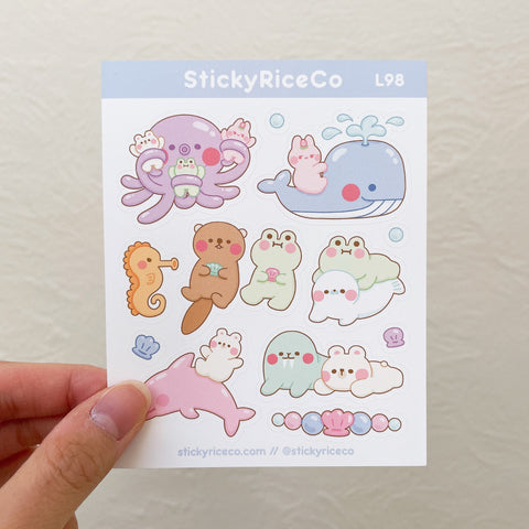 Aquarium Sea Animals with Rice, Ichigo, and Matcha Sticker Sheet