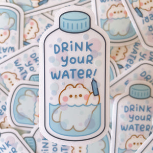 Drink Your Water Rice the Bear Heavy Duty Waterproof Clear Vinyl Diecut Sticker
