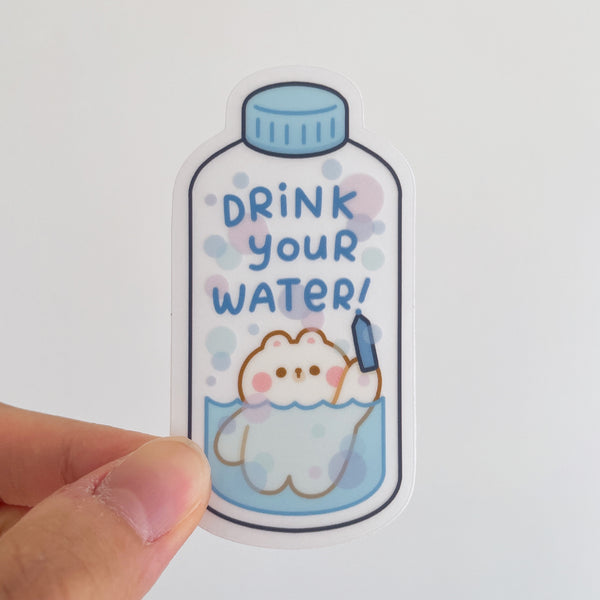 Drink Your Water Rice the Bear Heavy Duty Waterproof Clear Vinyl Diecut Sticker